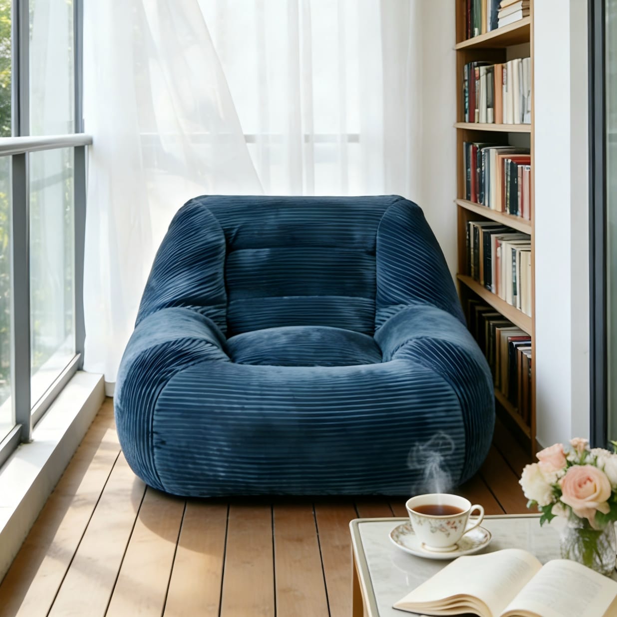 Corduroy Fabric Beanbag Couch For Living Room, Bedroom & Dorm, Cozy Fluffy Cloud Mini Couch,BLUE_voghion.com